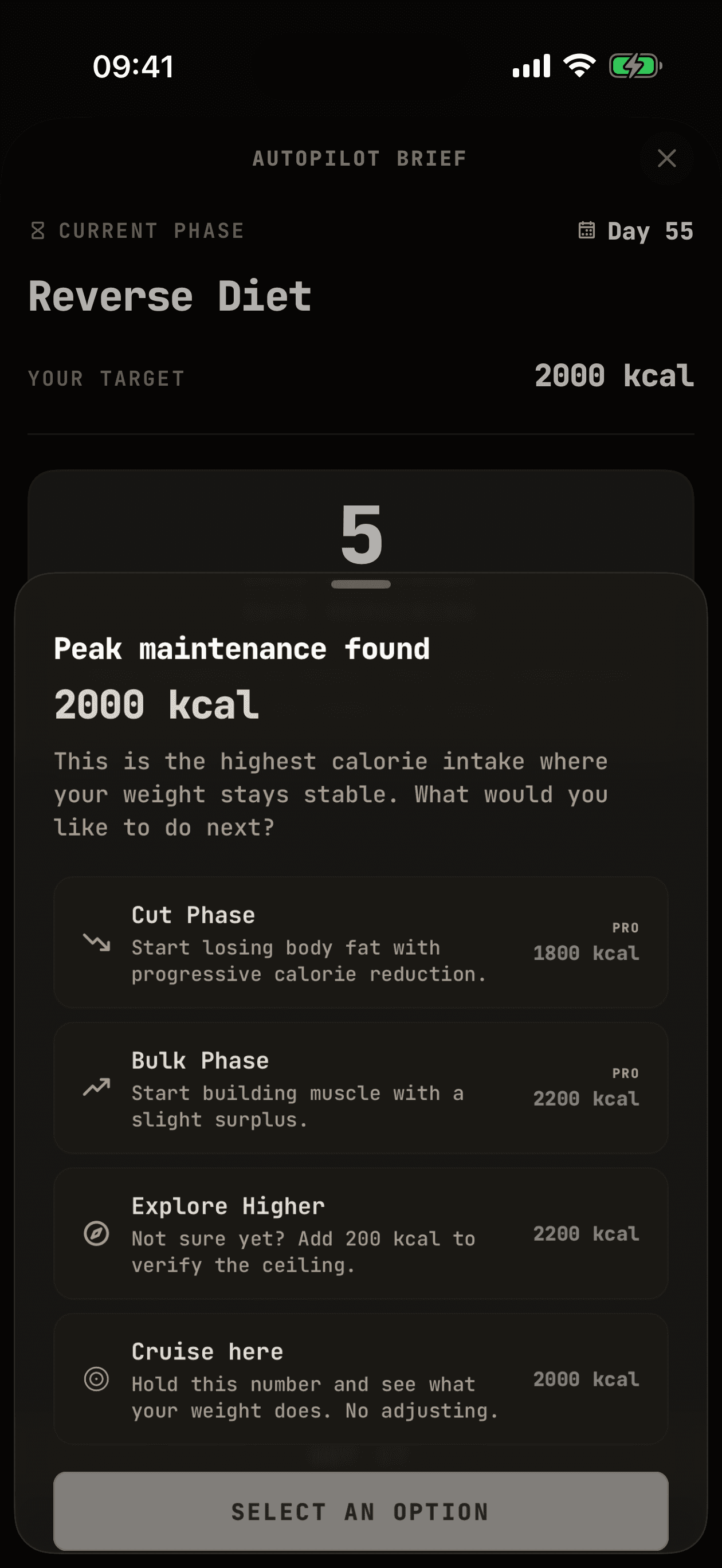 Peak Maintenance found at 2,000 kcal, then four choices: Cut, Bulk, Explore Higher or Cruise here