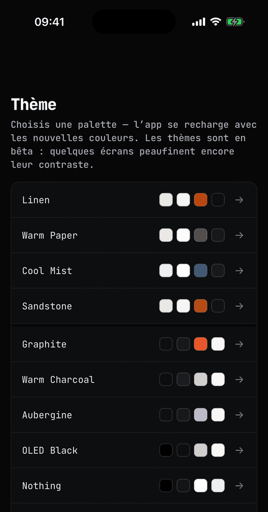 La liste complète des thèmes dans les Réglages