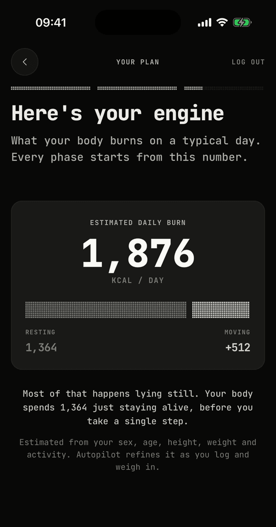 The estimated daily burn, split into resting and moving