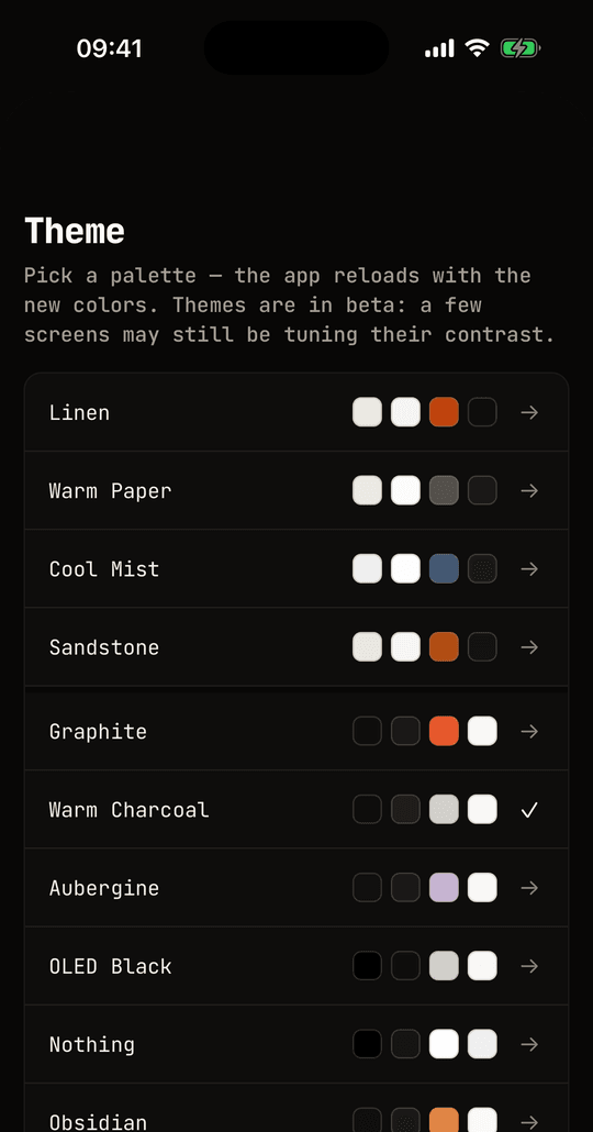 The full theme list in Settings