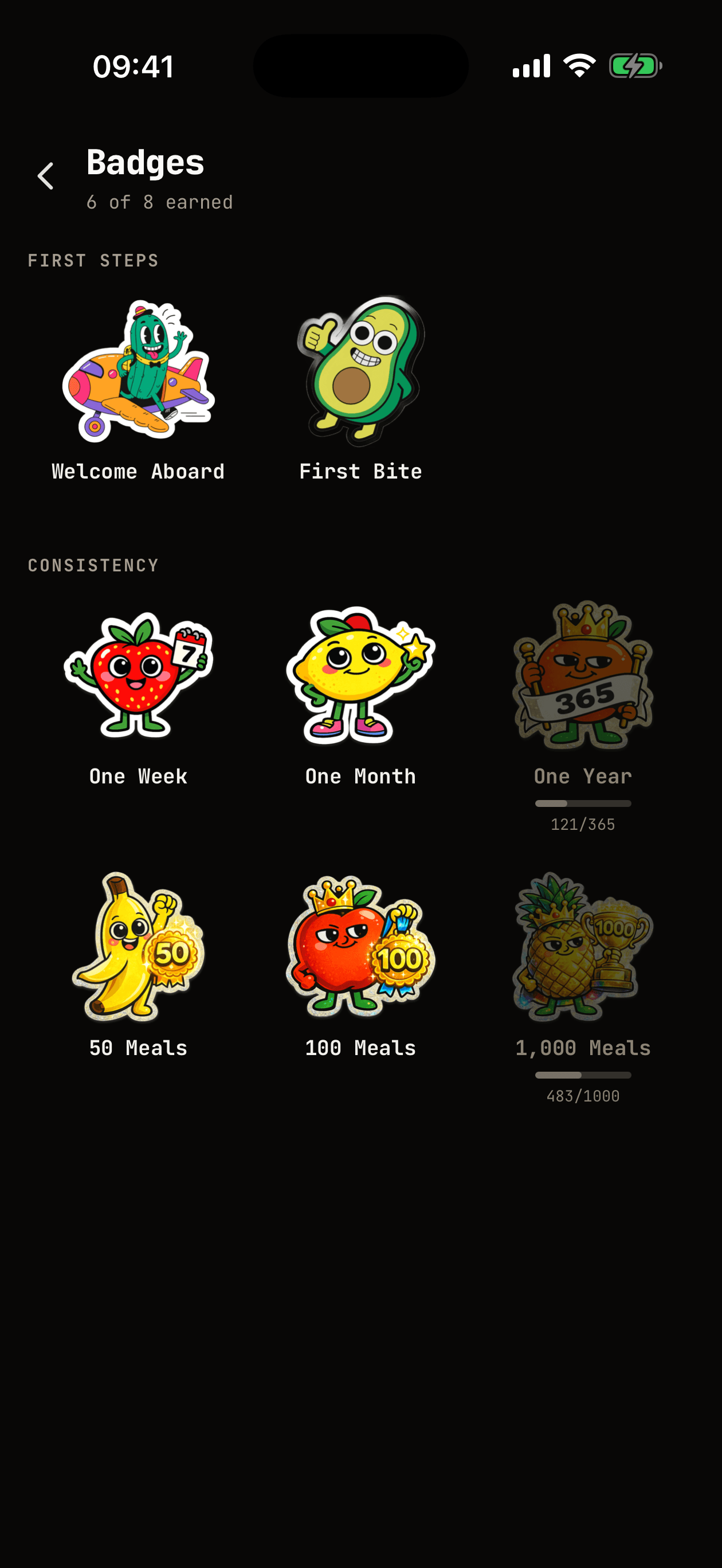 WhispCal badges screen with unlocked achievement characters