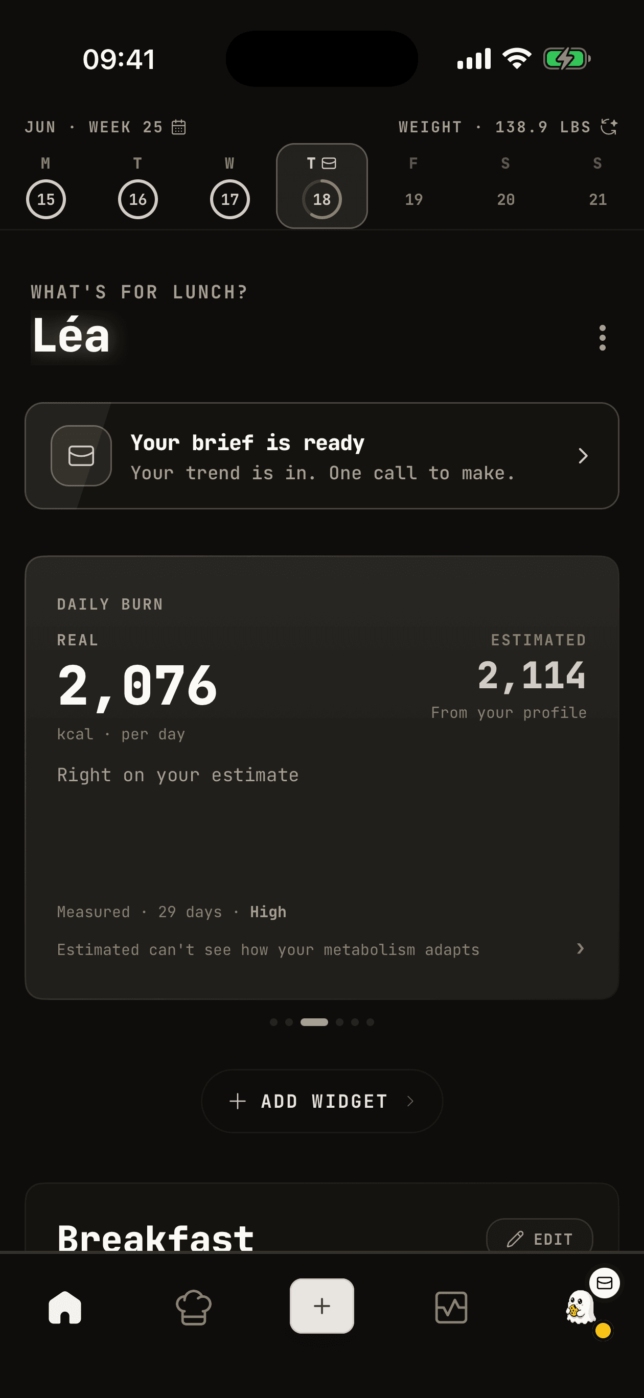 WhispCal Real Burn comparing measured daily burn against your estimate