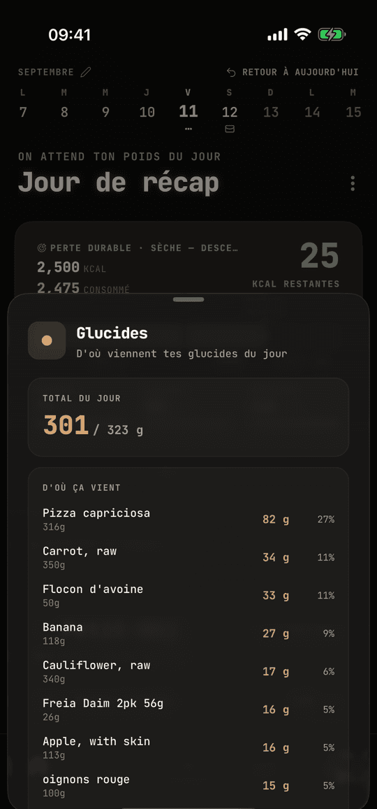 Les glucides d'une journée : la pizza en fait 27 %, puis la carotte, les flocons, la banane