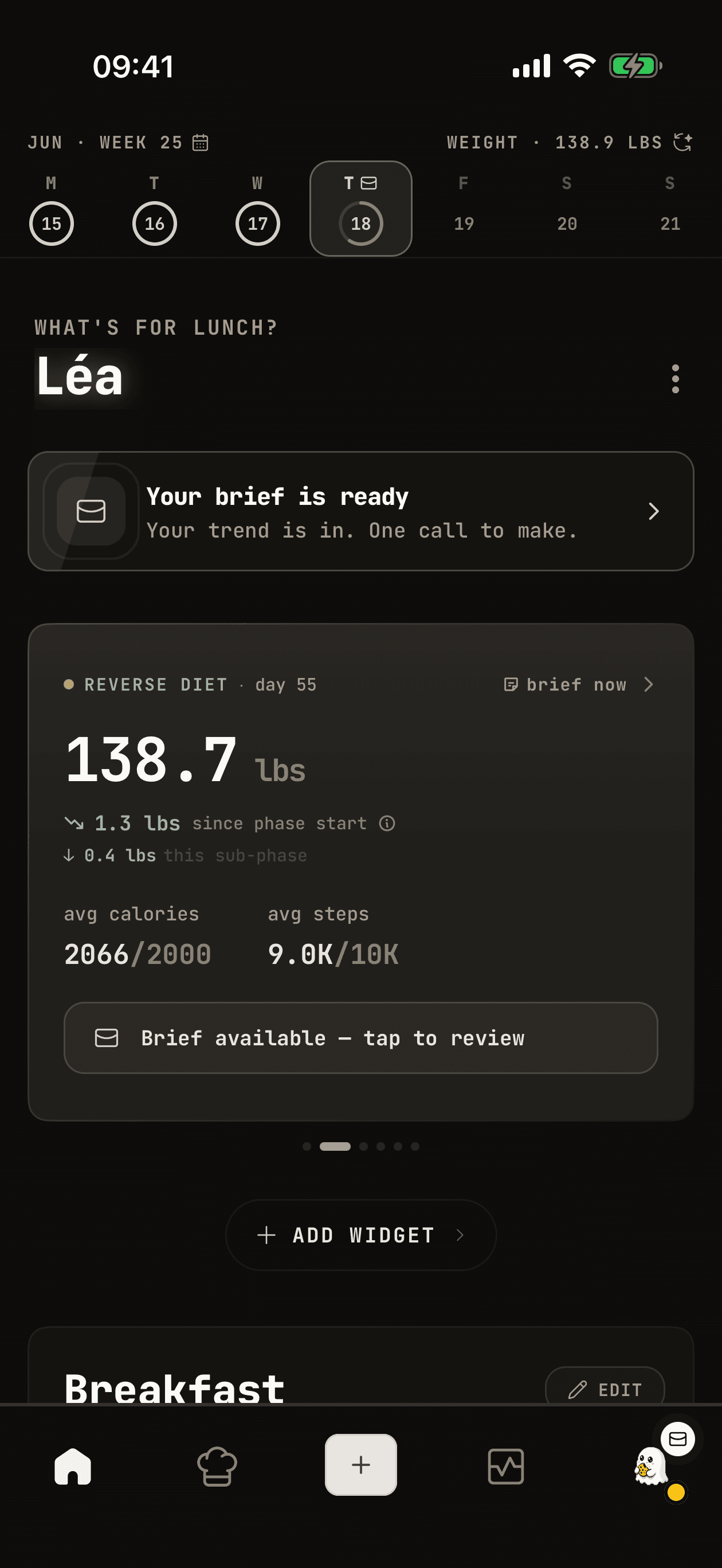 WhispCal Autopilot status card showing the active phase and today's calorie target