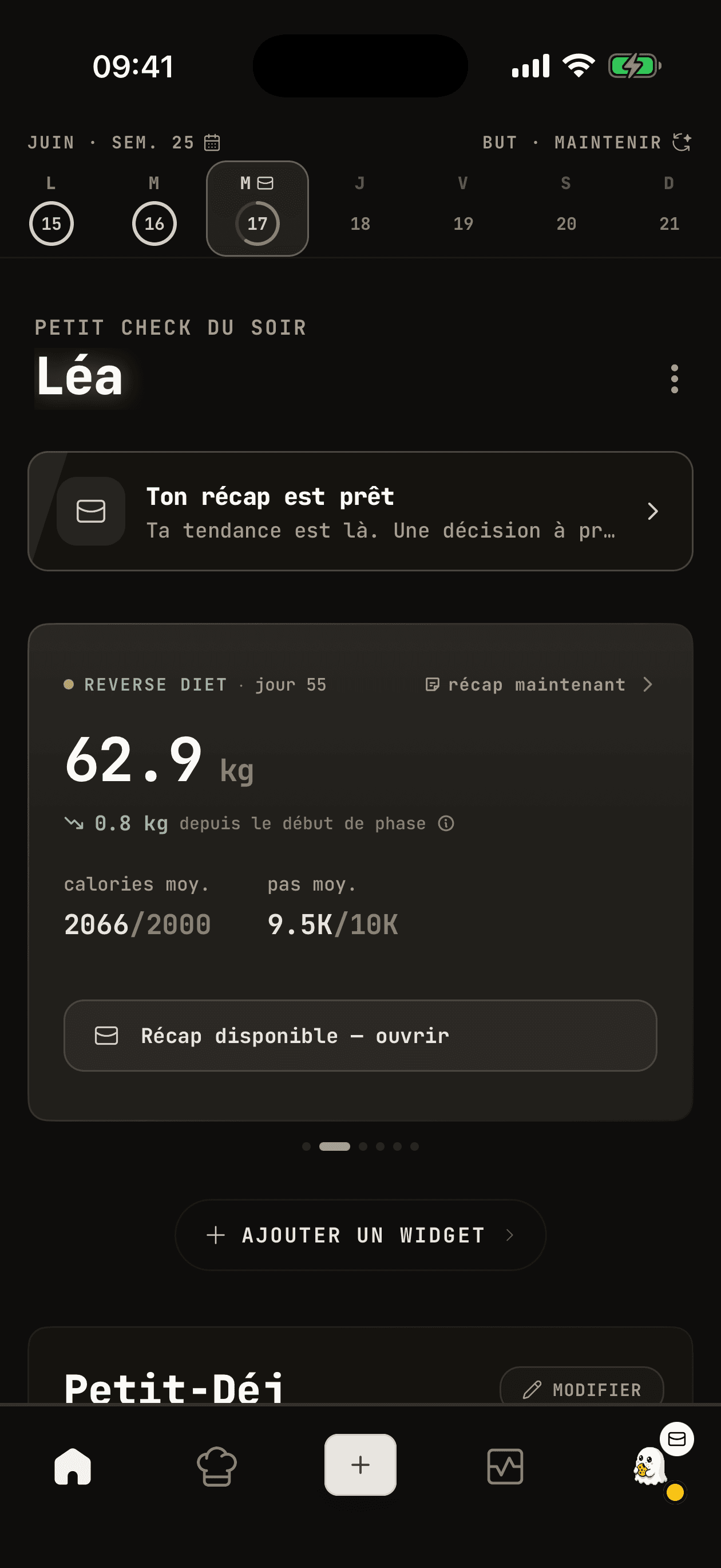 Carte de statut Autopilot de WhispCal montrant la phase active et l'objectif calorique du jour