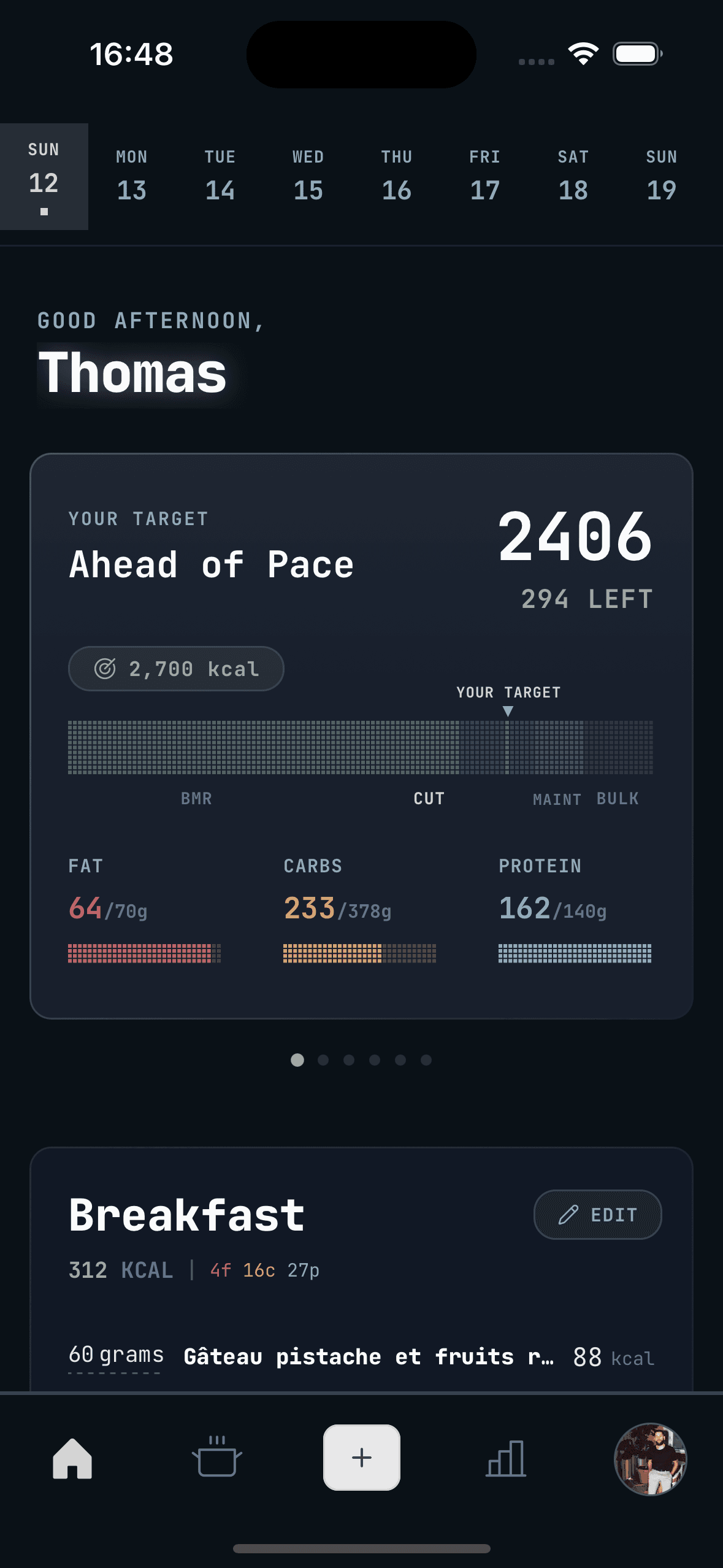 WhispCal AI calorie counter app dashboard showing daily calorie and macro tracking