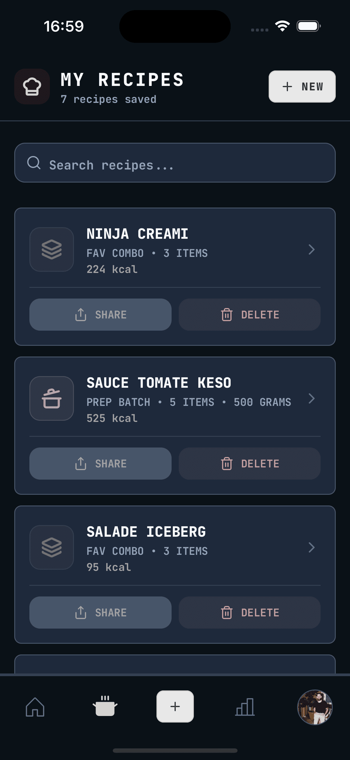 WhispCal AI recipe manager showing macro-friendly meal recipes